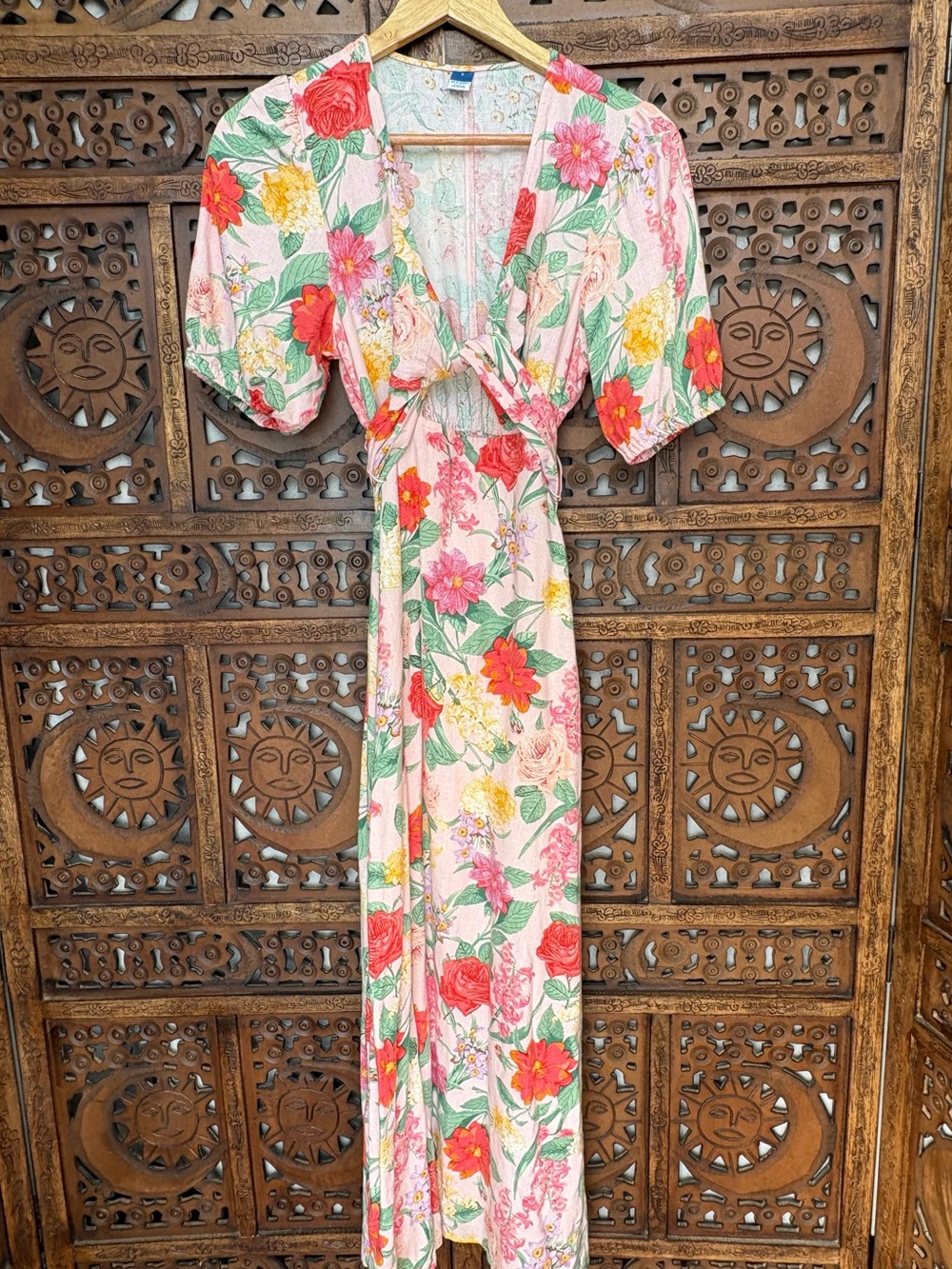 Fit & Flare Linen-Blend Maxi Dress in Pink Floral with Tie Straps - Size S